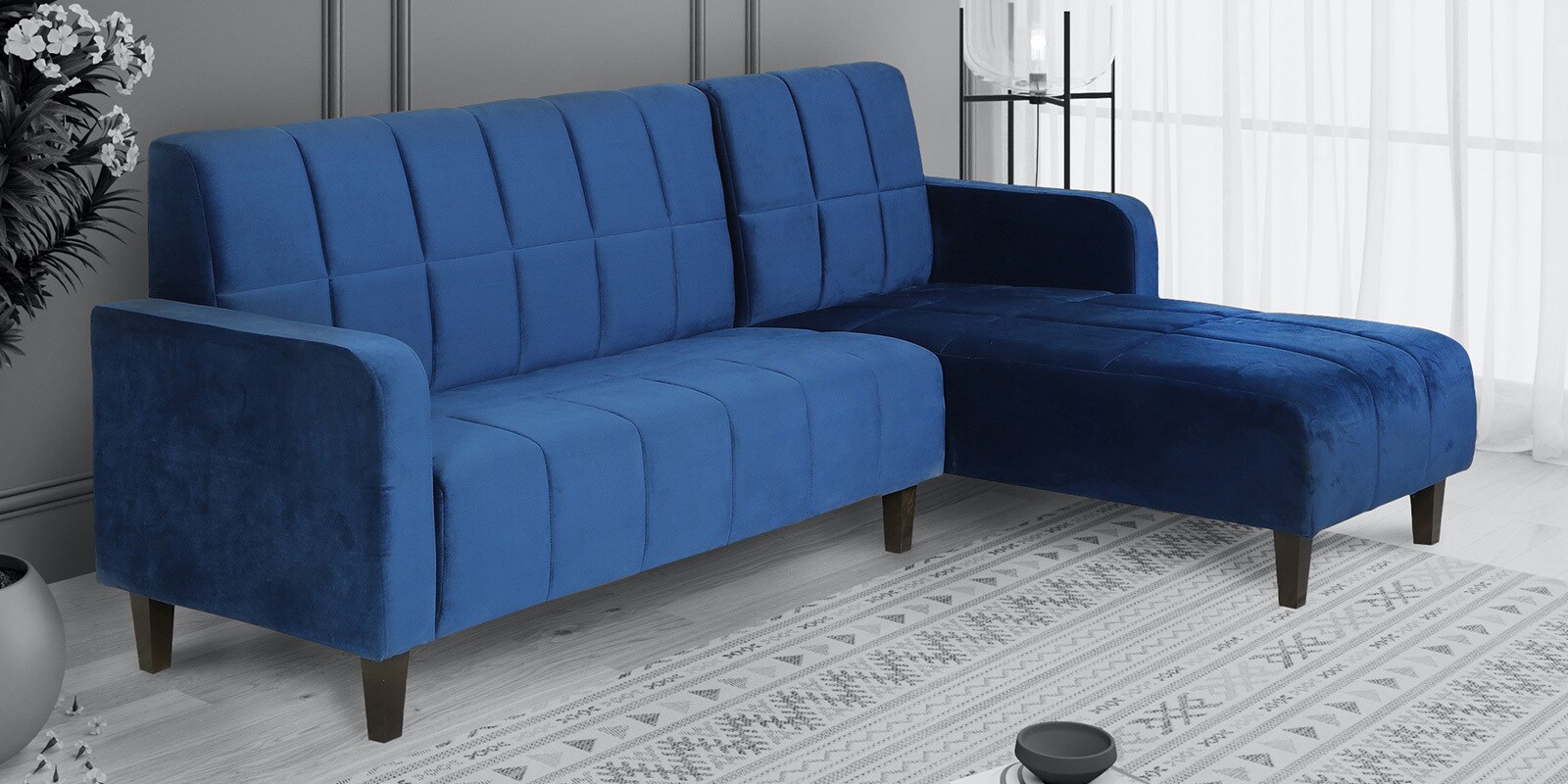 Buy Estay Velvet LHS Sectional Sofa (3 + Lounger) in Blue Colour at 12 OFF by Casacraft from