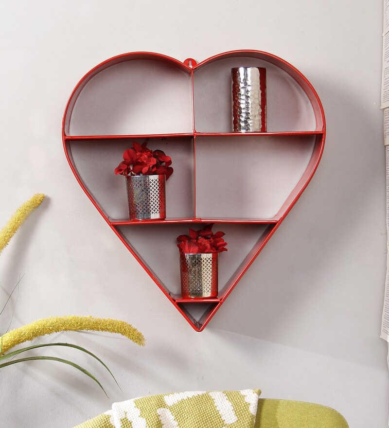 Buy Heart Shape Metallic Decorative Wall Shelf in Red Colour by Home