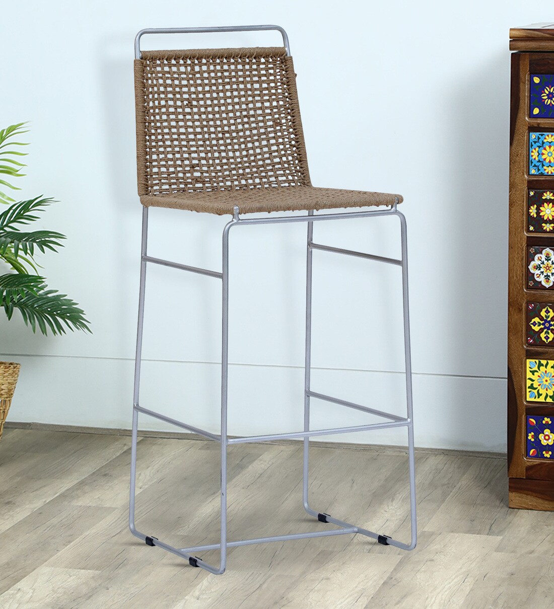 Buy Ezra Bar Stool with Brown Jute On Silver Finish Base at 15 OFF by