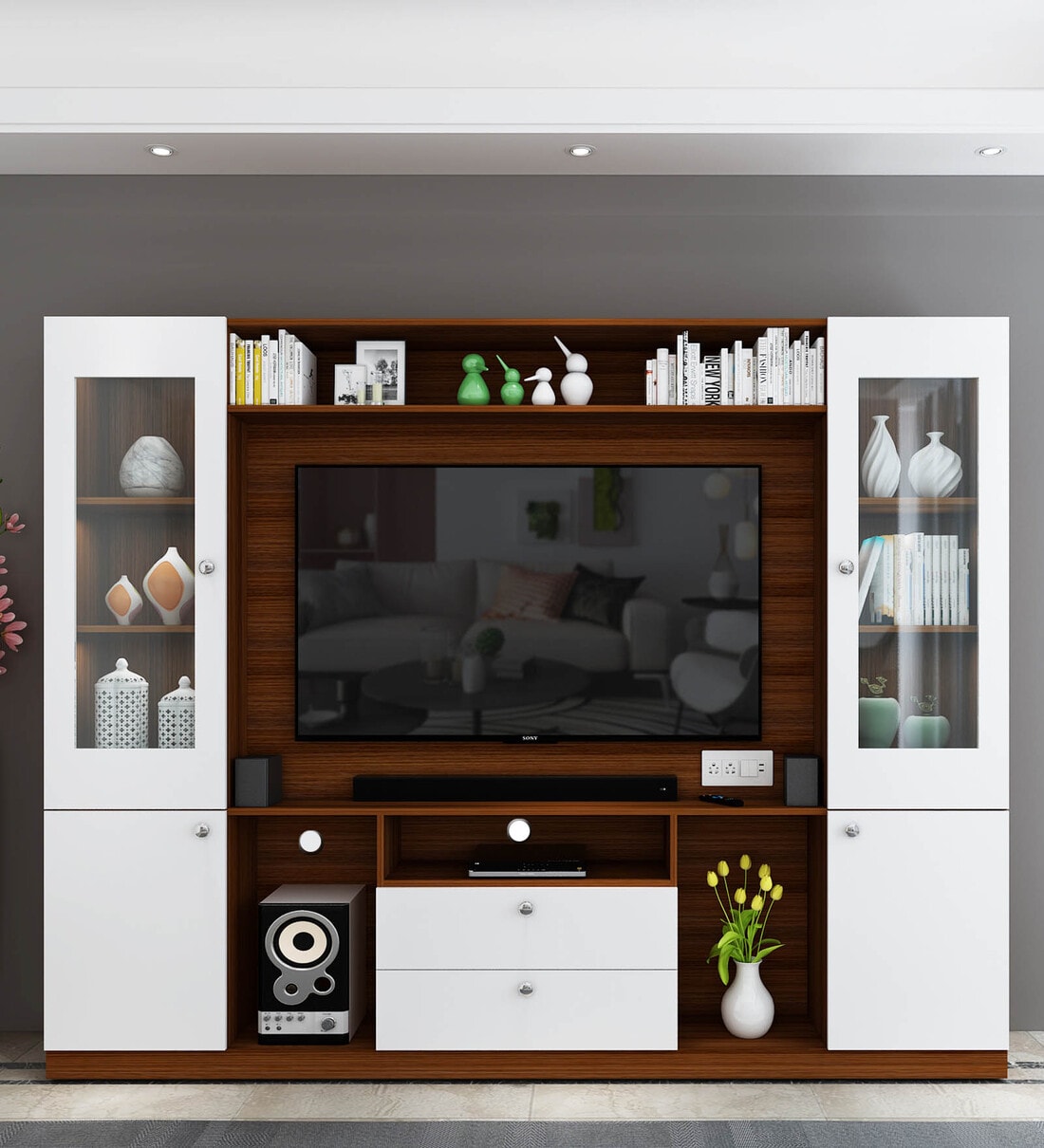 Buy Casper Large TV unit in Walnut & Frosty White Colour for Tvs up to ...