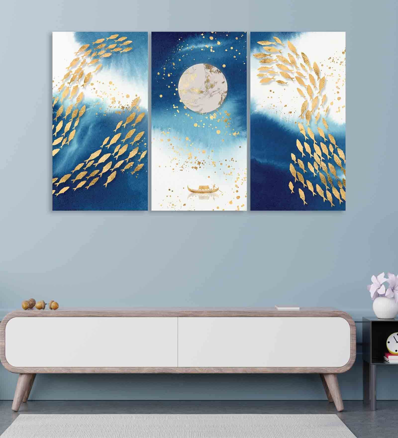 Buy Fishes Moon Multicolour Canvas (set Of 3) Art Panels At 70% Off By 