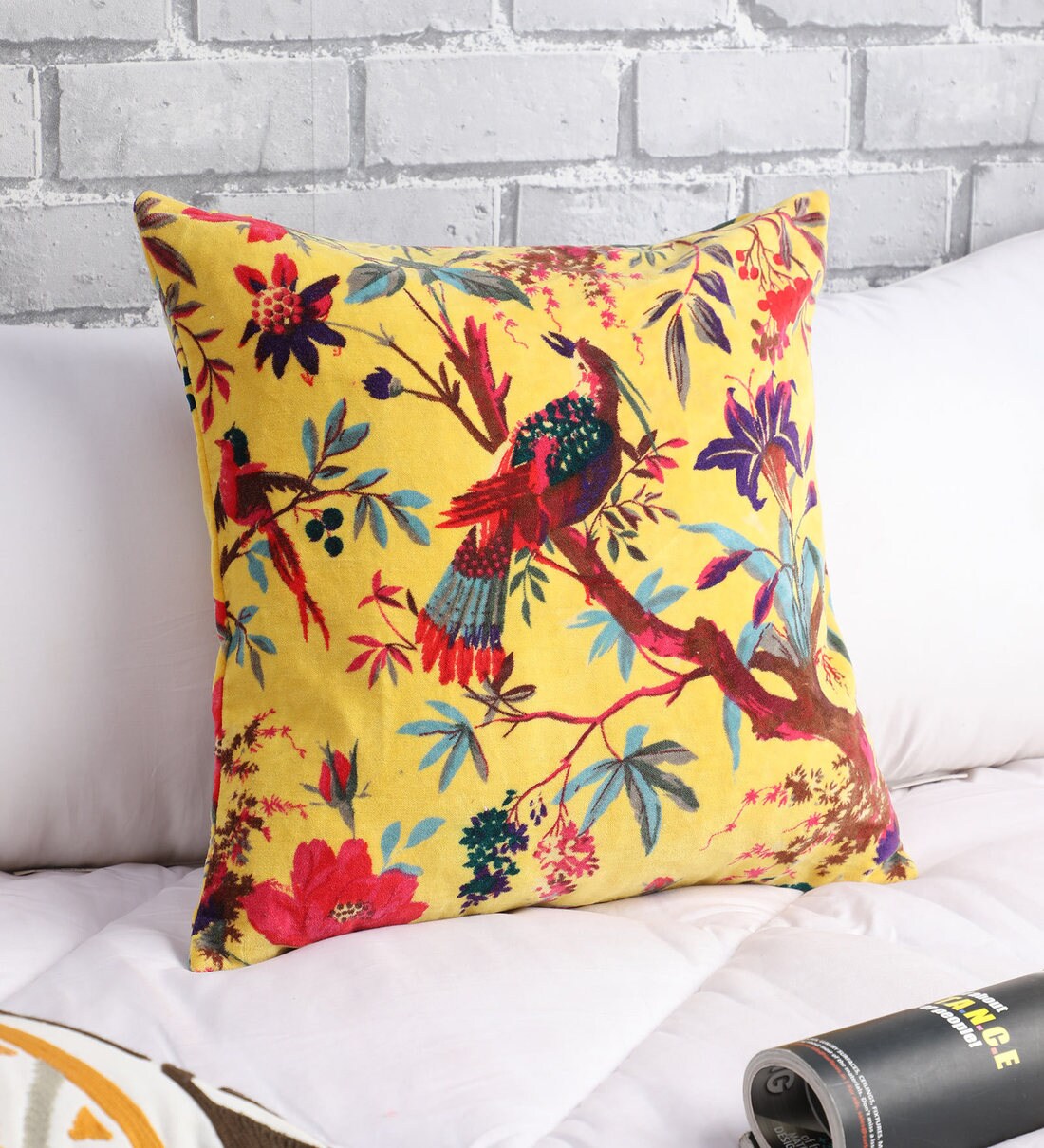 Buy Floral Cotton Yellow Cushion Cover 16 x 16 Inches by Kirti