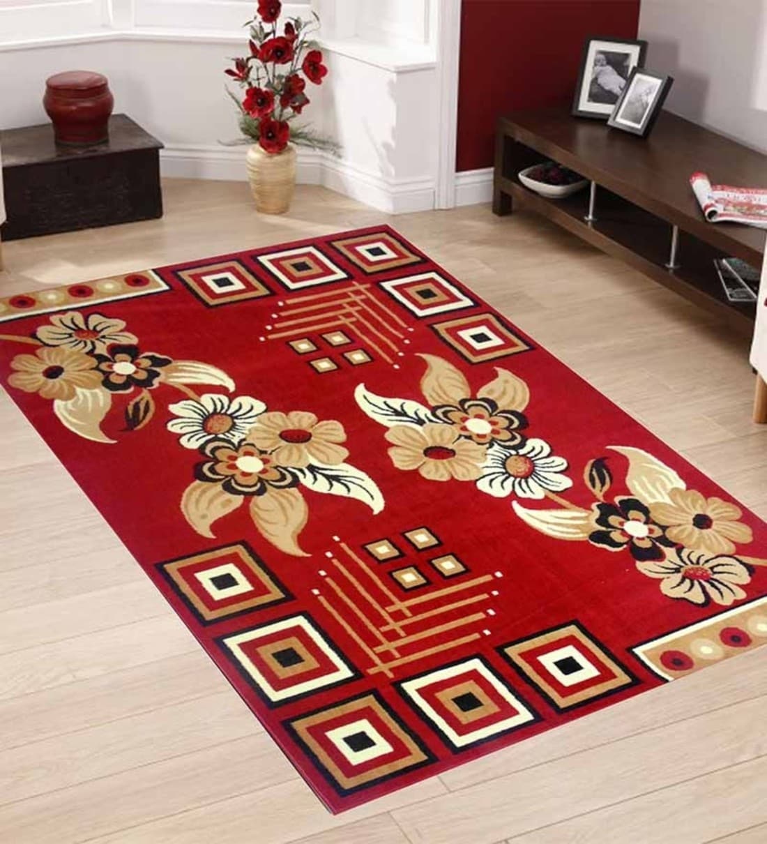 Buy Red Floral Polyester 3 ft x 5 ft Machine Made Carpet by PRESTO at