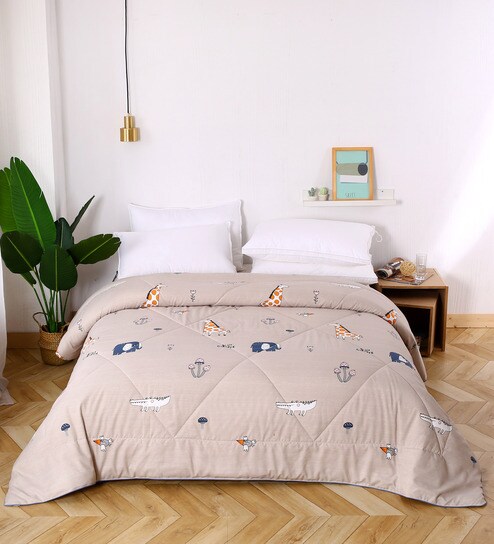 Buy Funny Animal Kids Double Blanket In Light Brown Colour By