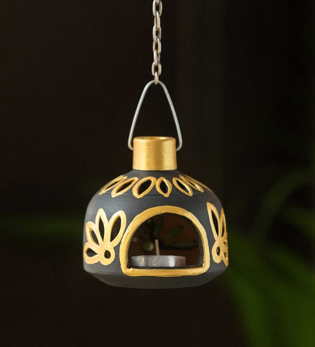 Buy Glowing Matki HandPainted Black & Gold Terracotta Hanging Tea Light Holder at 22 OFF by