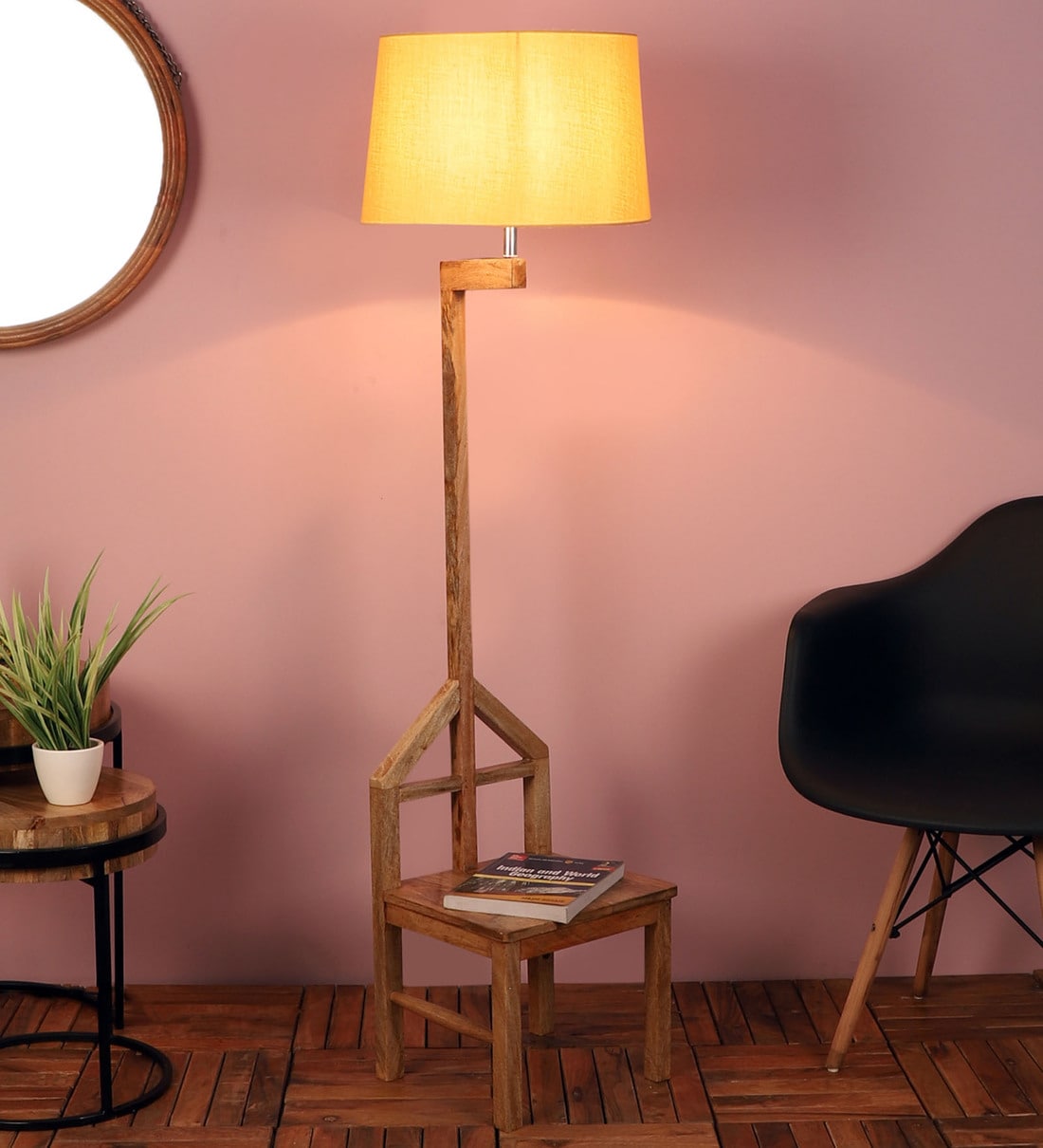 Buy Unica Gold Cotton Shade Shelf Floor Lamp With Mango wood Base By