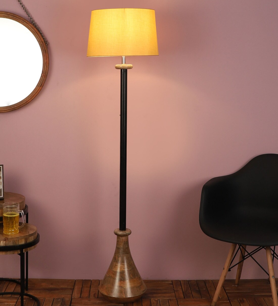 Buy Hobart Gold Cotton Shade Club Floor Lamp With Wood & Metal Base By