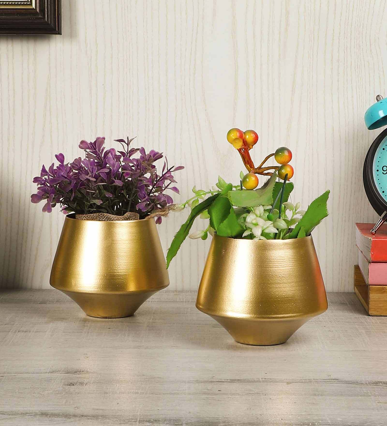 Gold Iron Wine Glass Shape Desk Pot Planter, Set Of 2, By Amaya Decors 