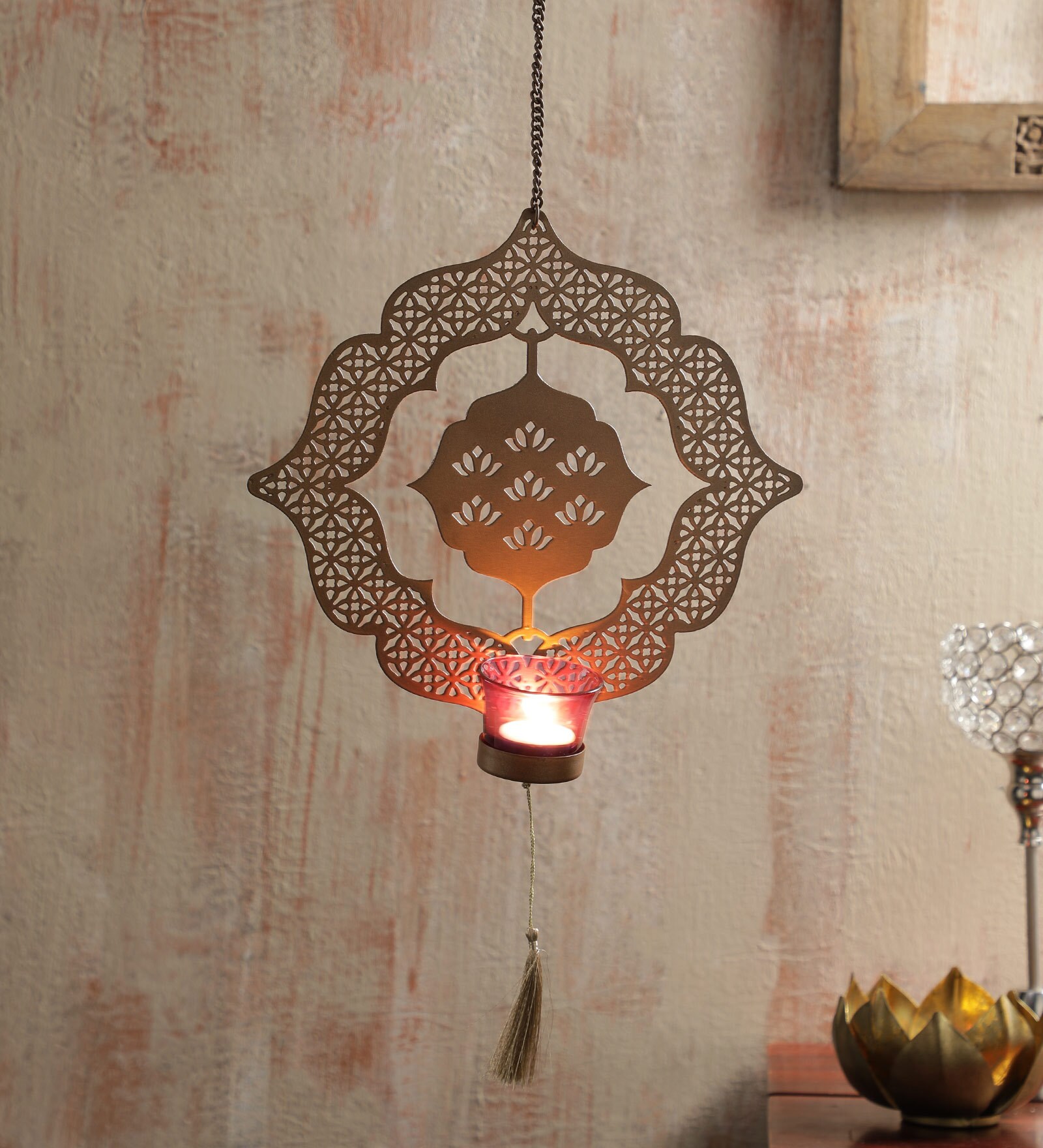 Buy Gold Metal Hanging Tea Light Holder by Dhatvi Online Hanging Tea
