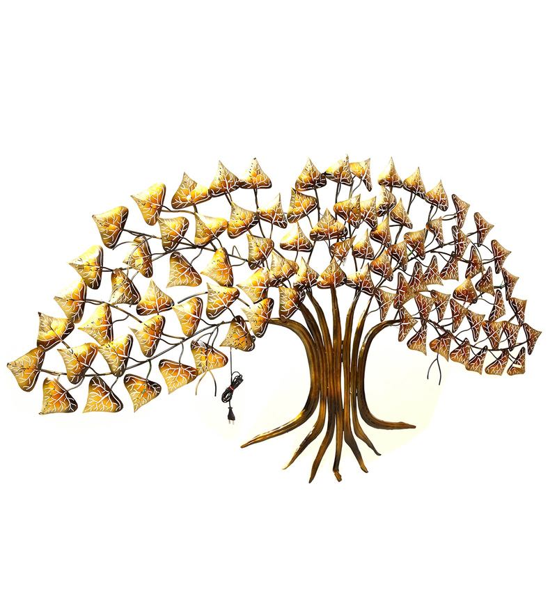 Buy Gold Metal Antique Tree With Led Light Wall Art by Malik Design