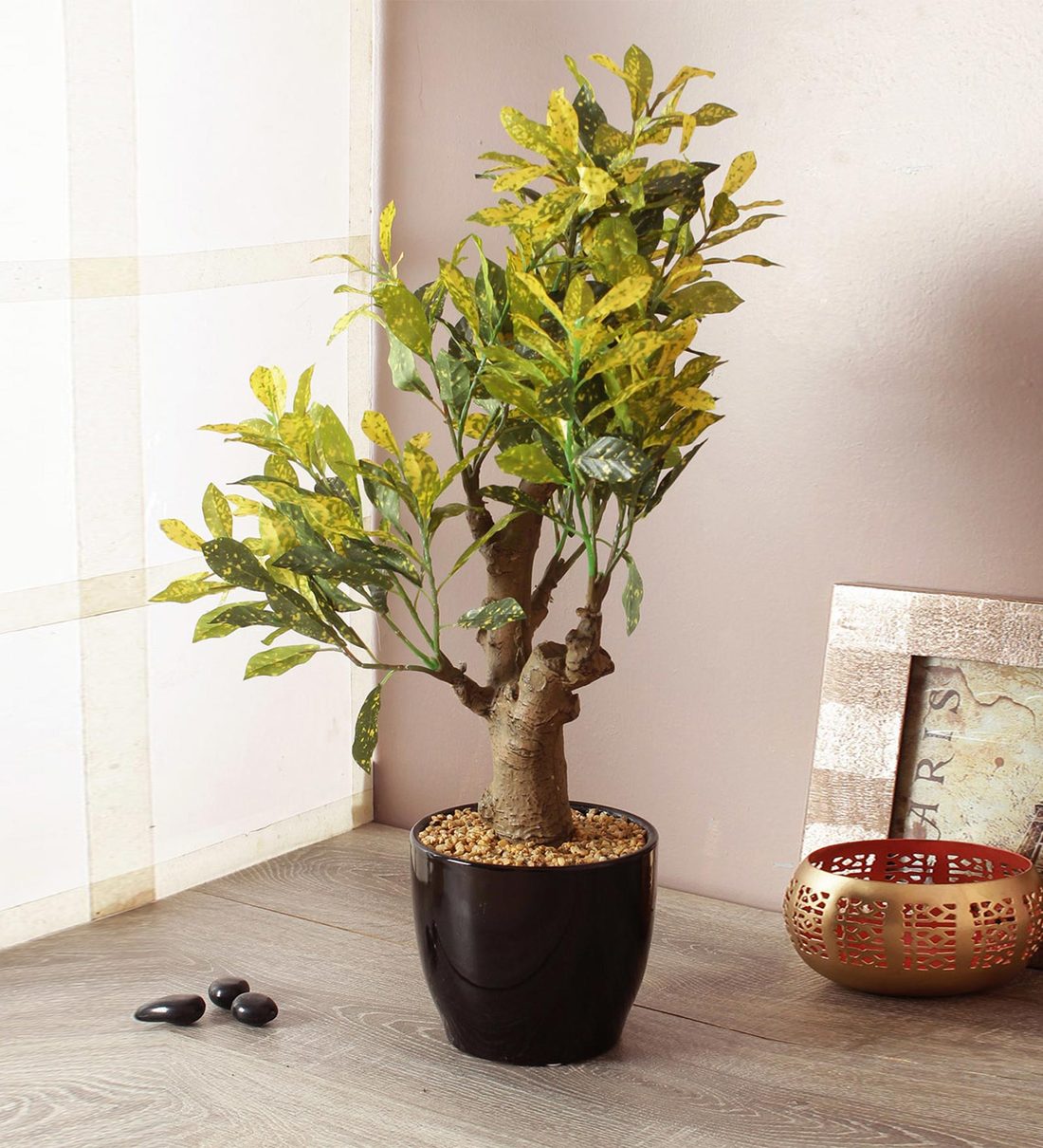 Buy Green & Yellow Polyester Croton Artificial Plant With Ceramic Vase