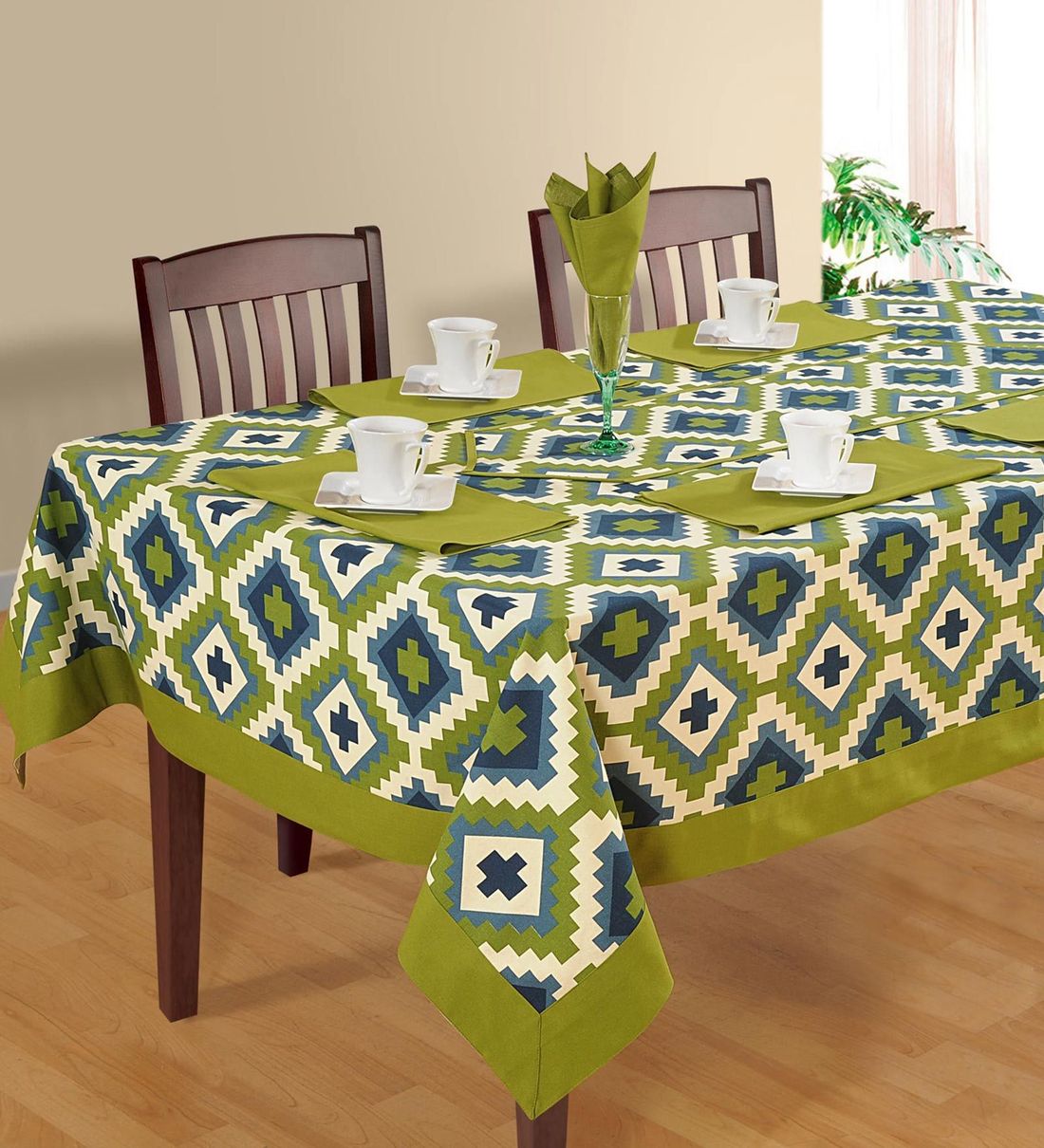 Buy Puzzled (59x59) Green & Cream Cotton Table Cloth Online Table