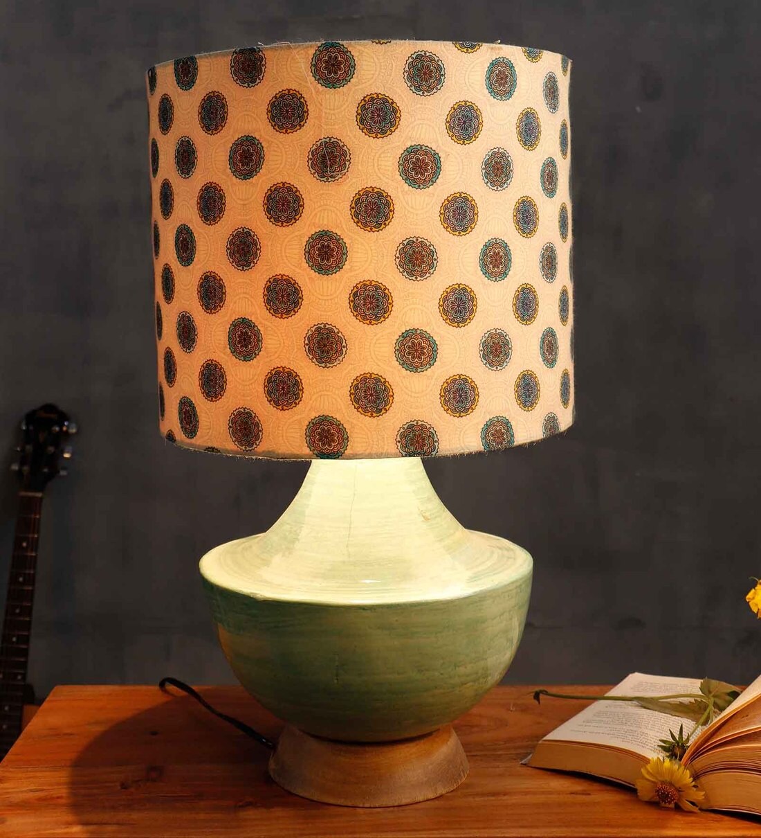 Buy Green Cotton Shade Crafted Table Lamp with Green Base By Grated