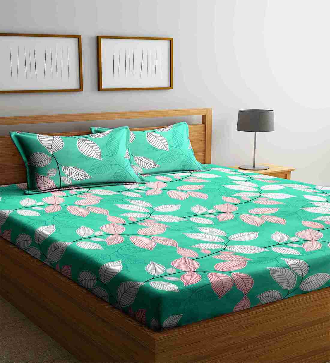 Buy Green Floral 300 TC Cotton Blend King Sized Bed Sheets with 2