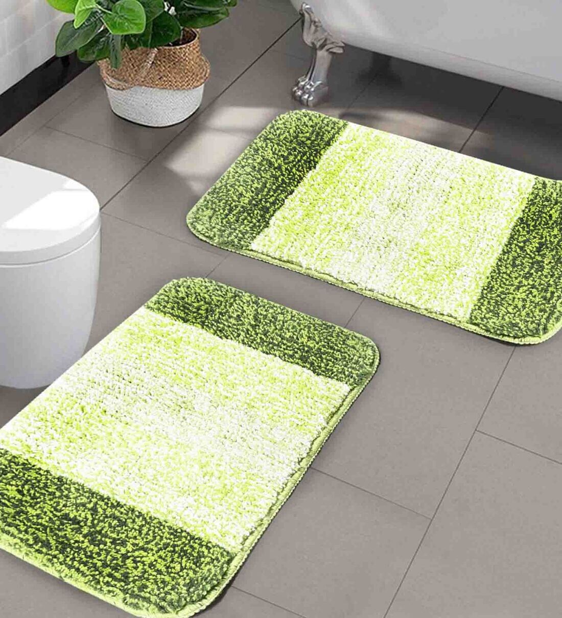 Buy Green Geometric Microfibre 20x14 Inches AntiSkid Bath Mat (Set of 2