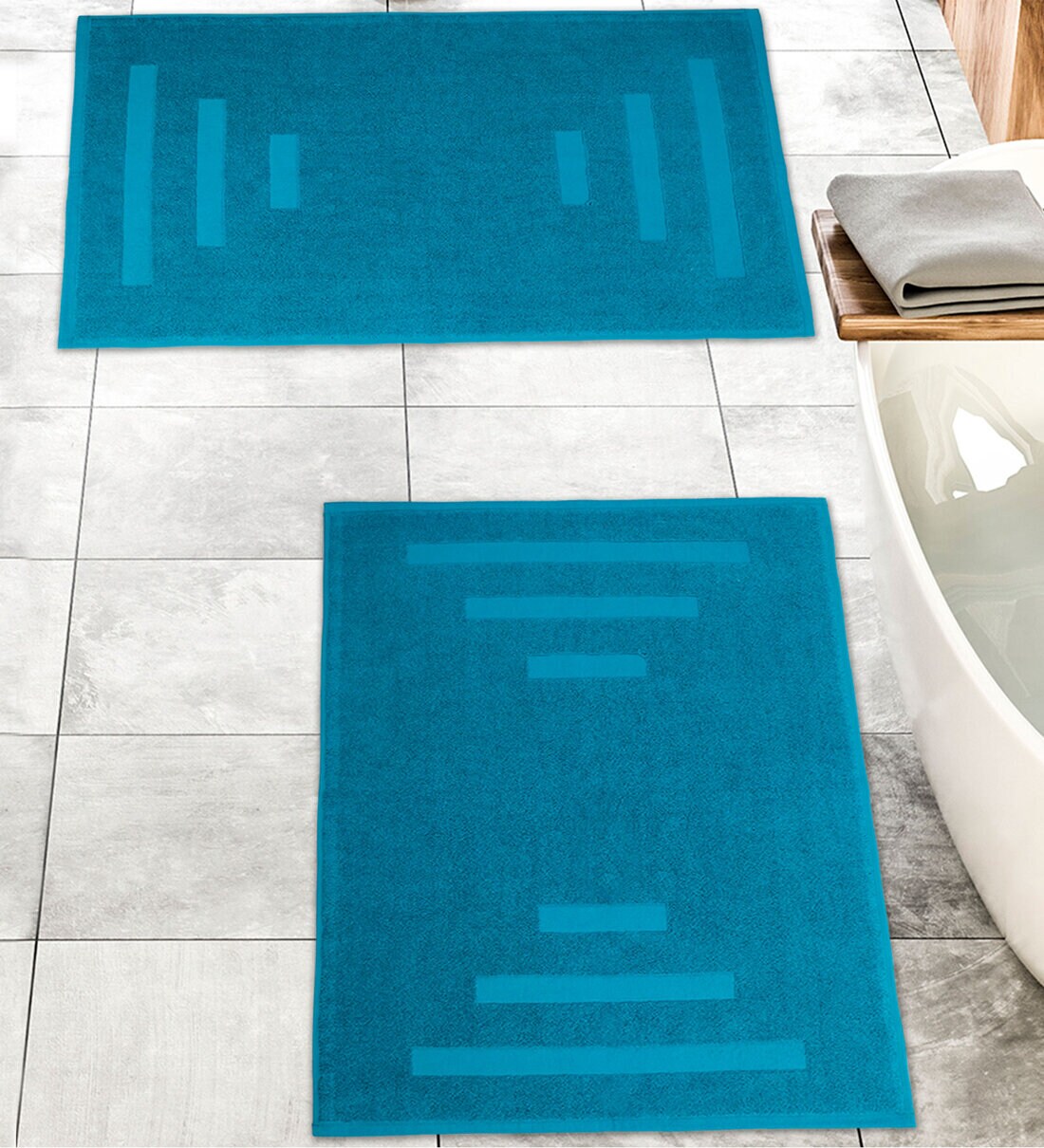 Buy Blue Geometric Cotton 31x20 Inches Max Absorbant Bath Mats (Set of