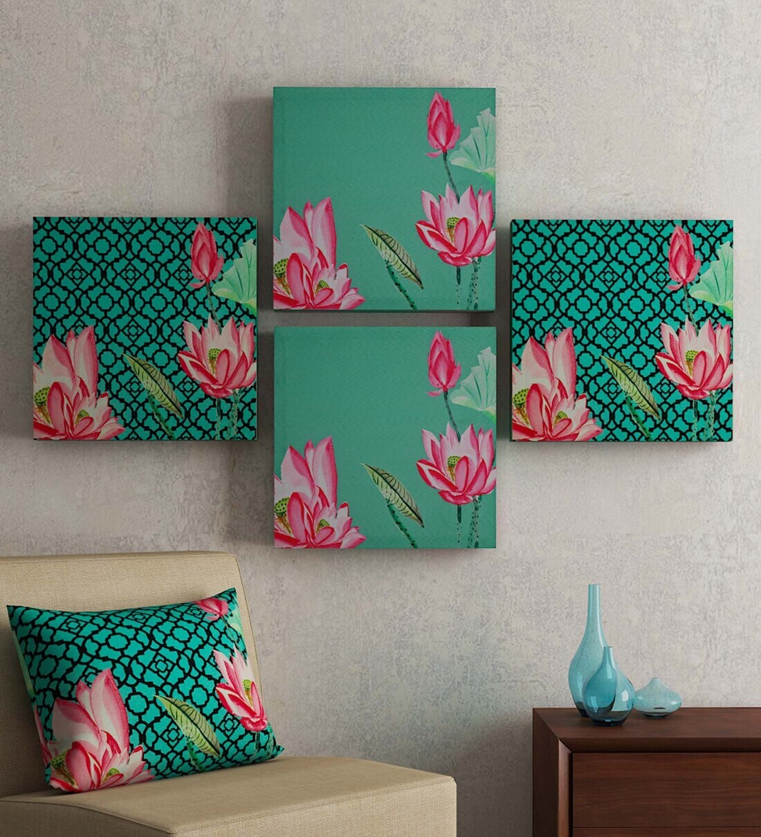Buy Green MDF Wood Floral Framed Wall Art Sej by Nisha Gupta Set of 4