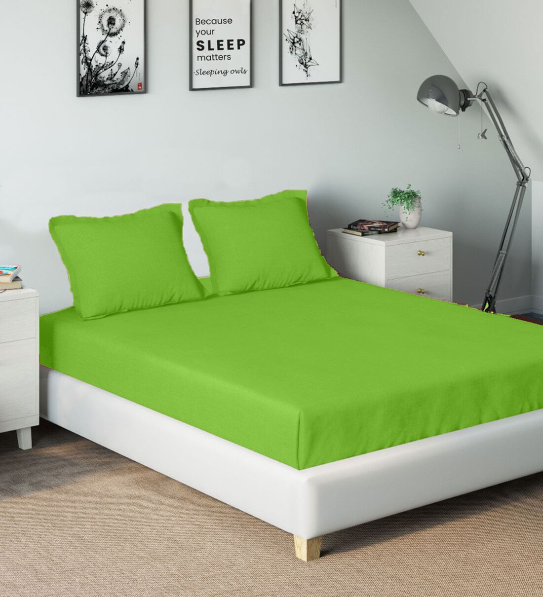 Buy Green Solid 210 TC Cotton Single Bed Sized Bed Sheets with 2 Pillow Covers by SLEEPING OWLS