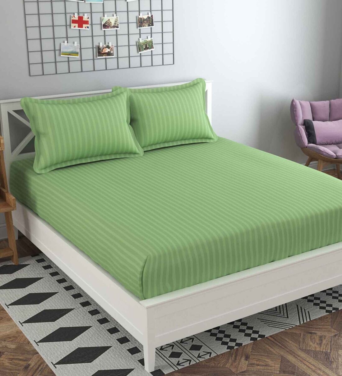 Buy Green Striped 210 TC Cotton Blend Queen Sized Bed Sheets with 2