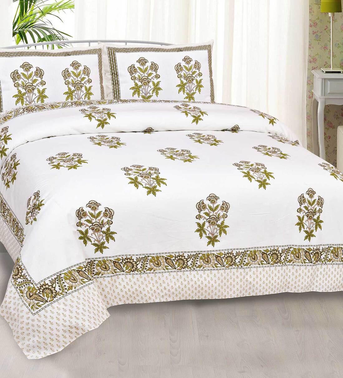 Buy Green Floral 300 TC Cotton Queen Sized Bed Sheets with 2 Pillow