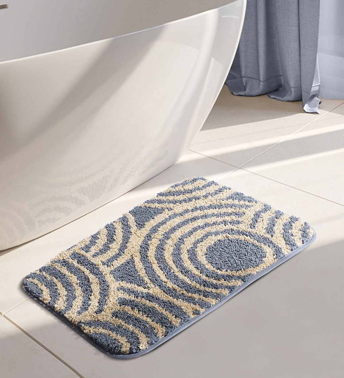 Buy Grey Geometric Polyester 24x16 Inches Anti Skid Bath Mat by