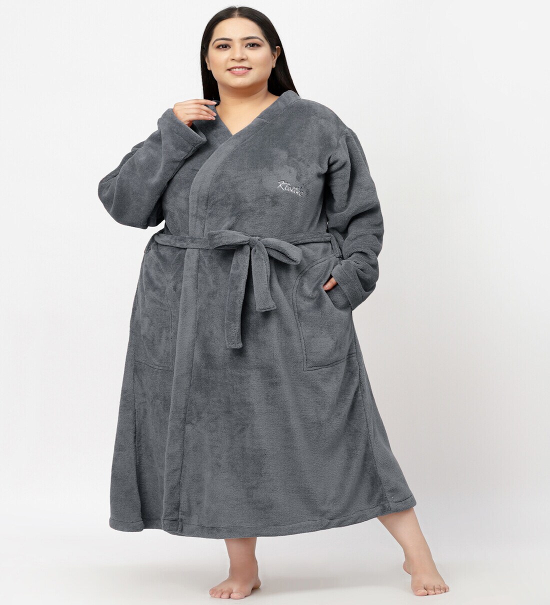 Buy Grey Solid Woolen Women Bath Robe With Belt (3XL) By Klotthe Online