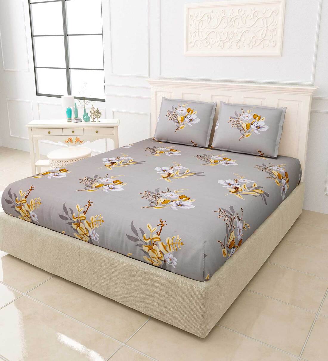 Buy Grey Floral 180 TC Cotton King Sized Bed Sheets with 2 Pillow