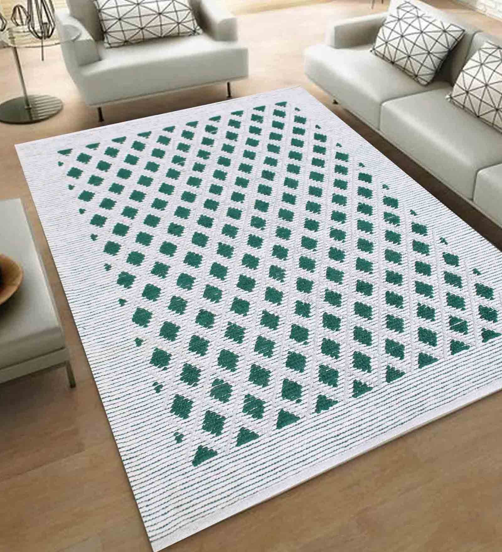 Buy Green and White Siberia Geometric Cotton 4ft x 6ft Hand Woven ...