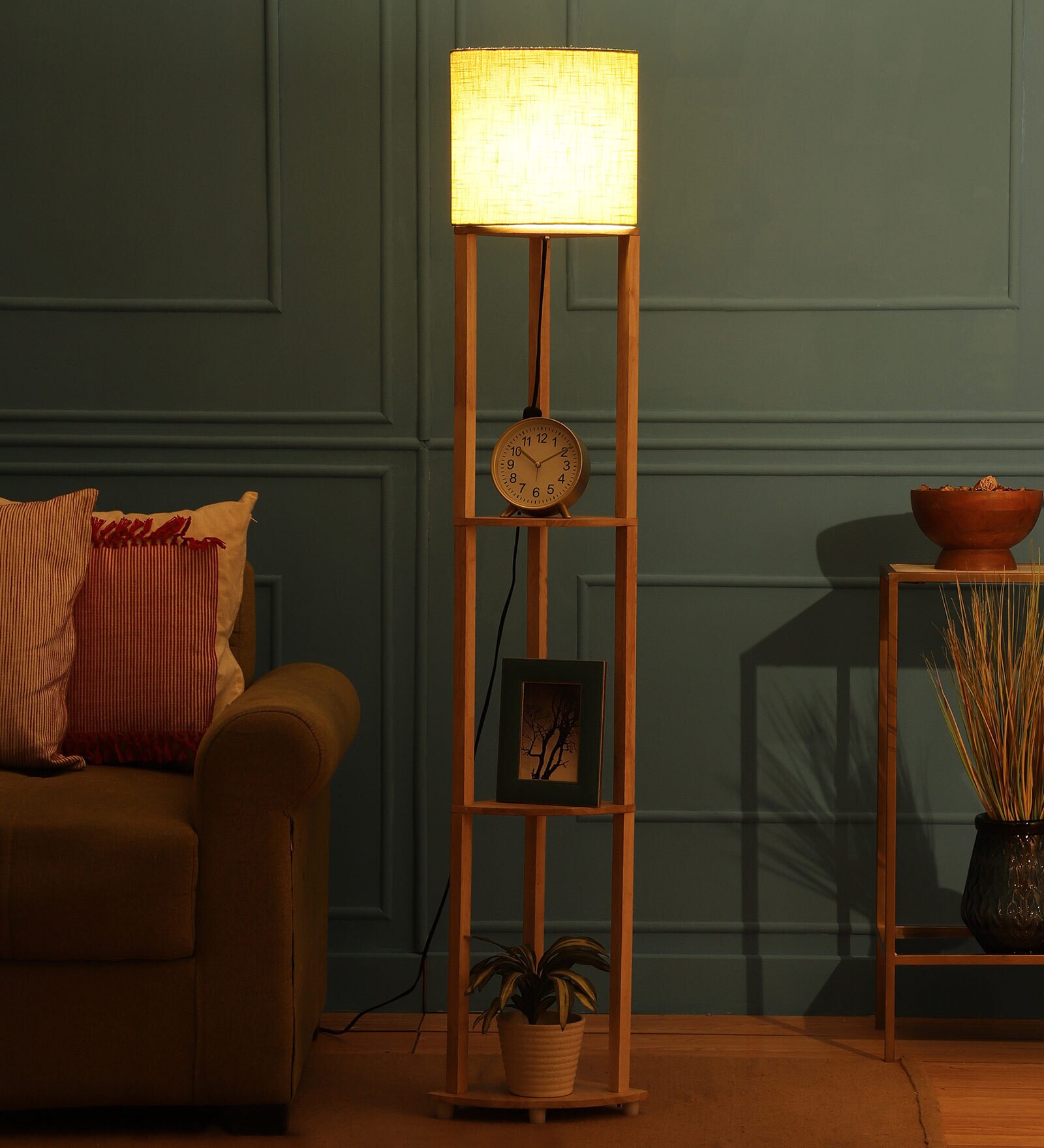 Buy Castle Green Fabric Shade Shelf Floor Lamp With Wood Base By Sanded
