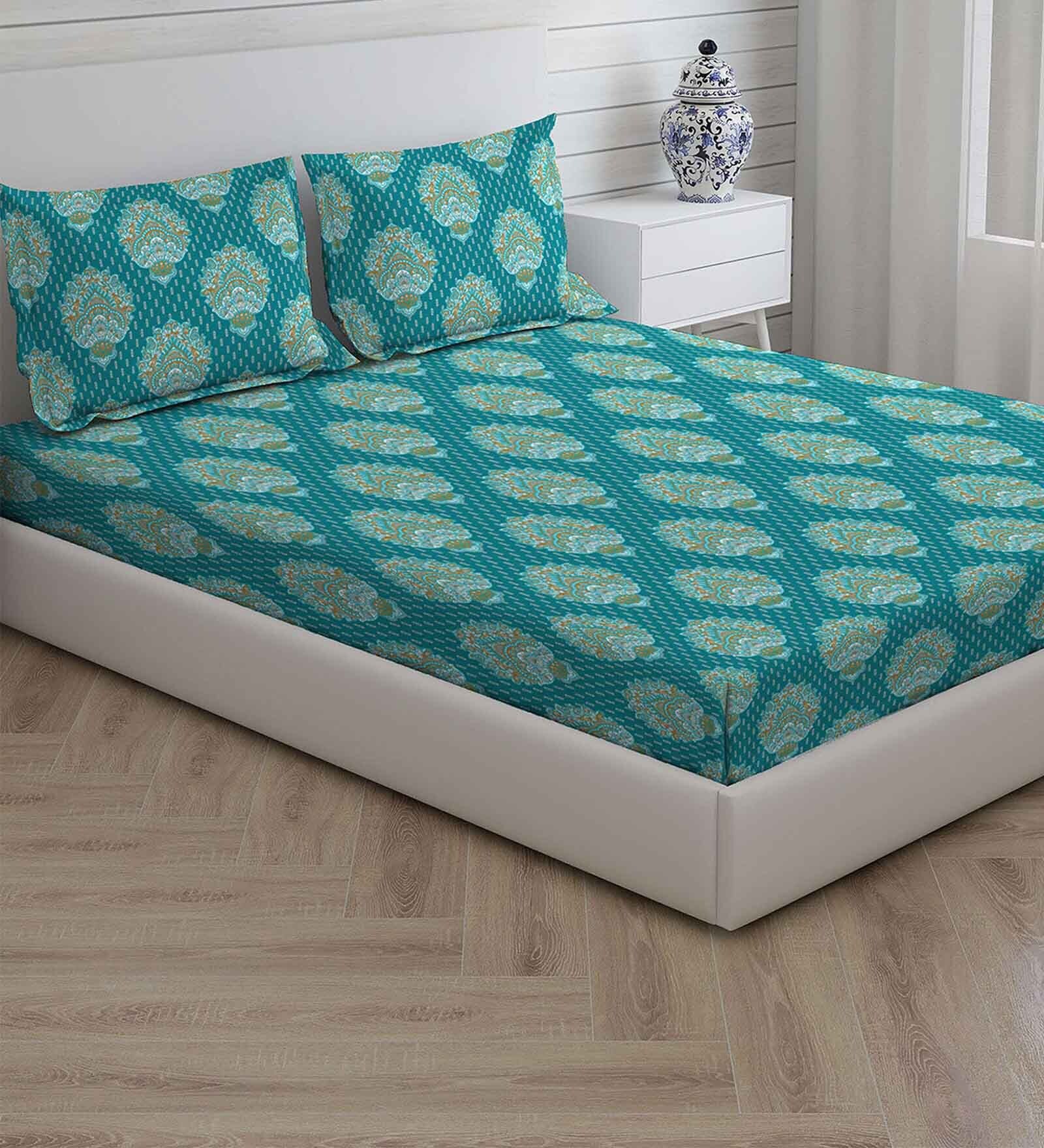 Buy Green Floral 144 TC Cotton King Sized Bed Sheets with 2 Pillow