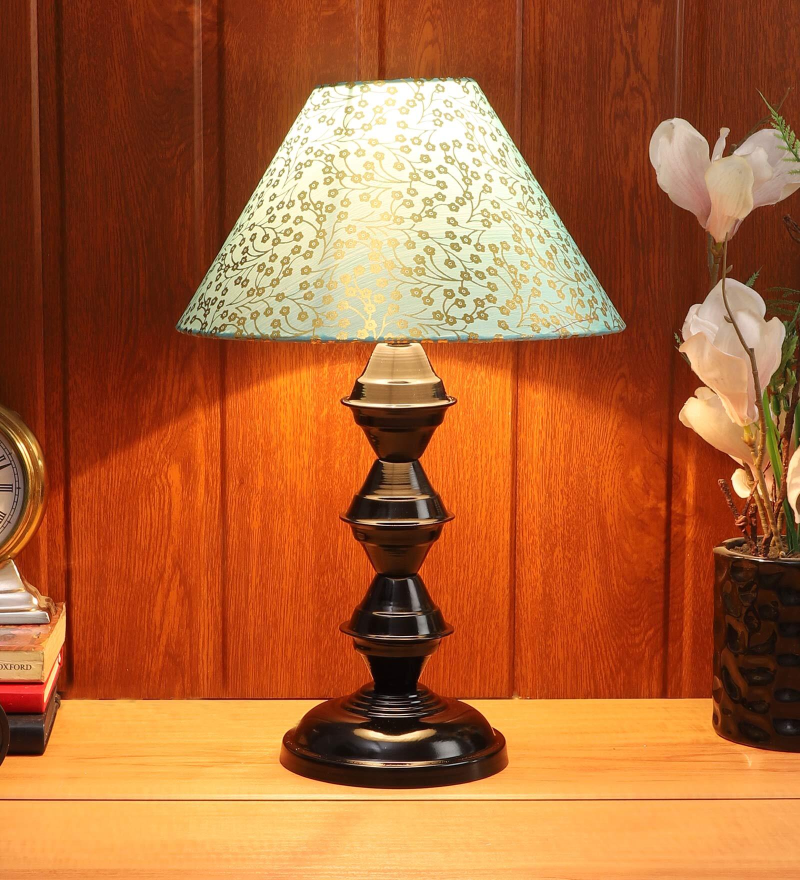 Buy Green Shade Table Lamp With Black Base by Foziq Online Metal