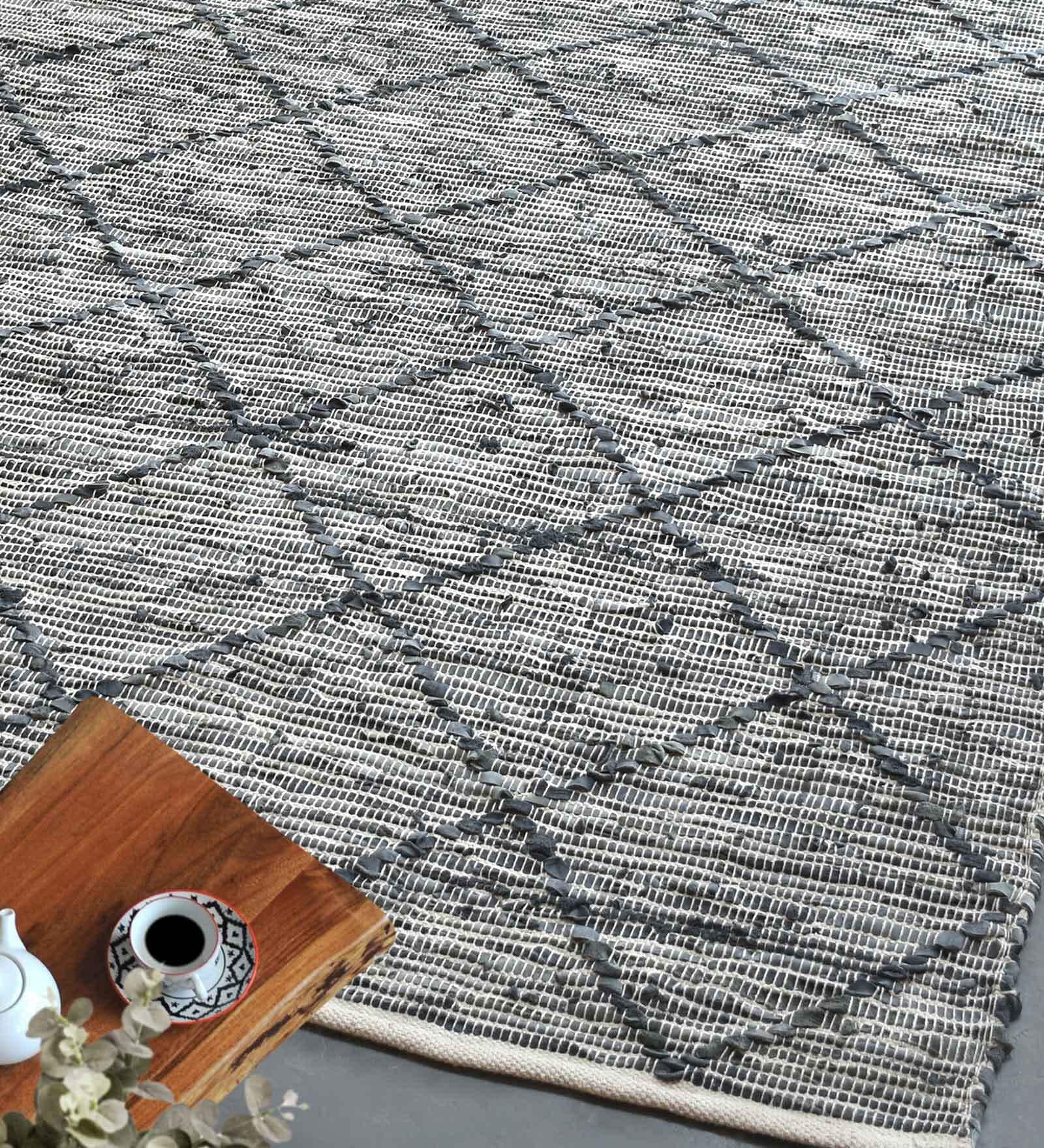 Buy Grey Geometric Leather 4 ft x 6 ft Hand Woven Carpet by The Rug