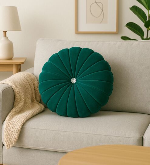 Green Velvet Round 14x14 inches Decorative Cushion (1Pc)
