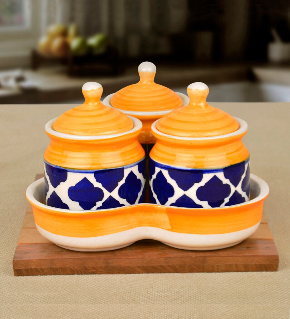 Buy Hand Painted Ceramic Pickle Jar Set With Tray By StyleMyWay Online
