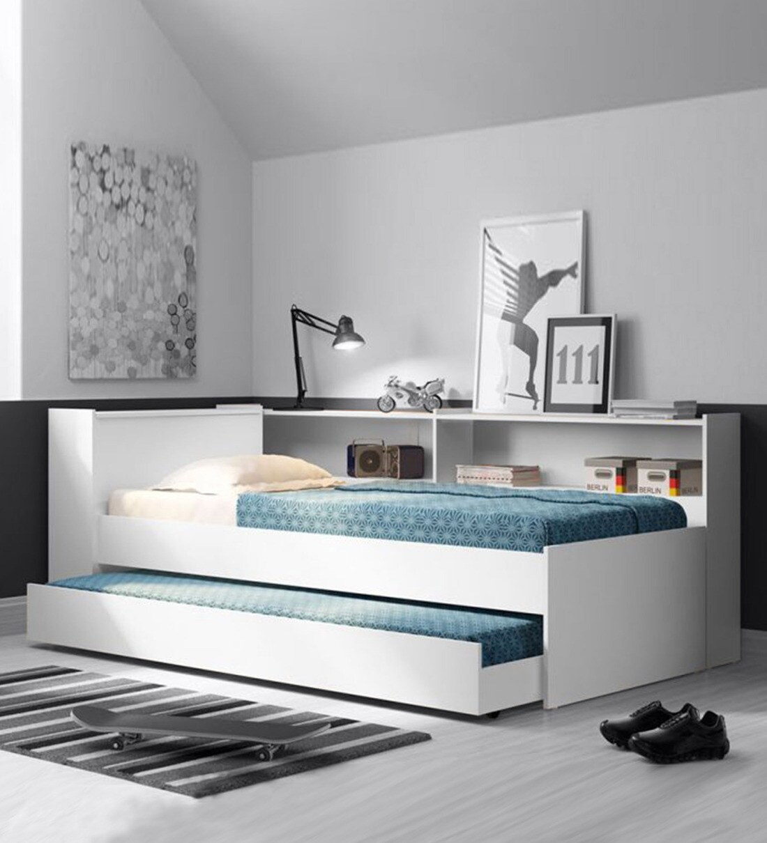 Buy Hannah Trundle Bed with Side Storage in White Finish CasaCraft at