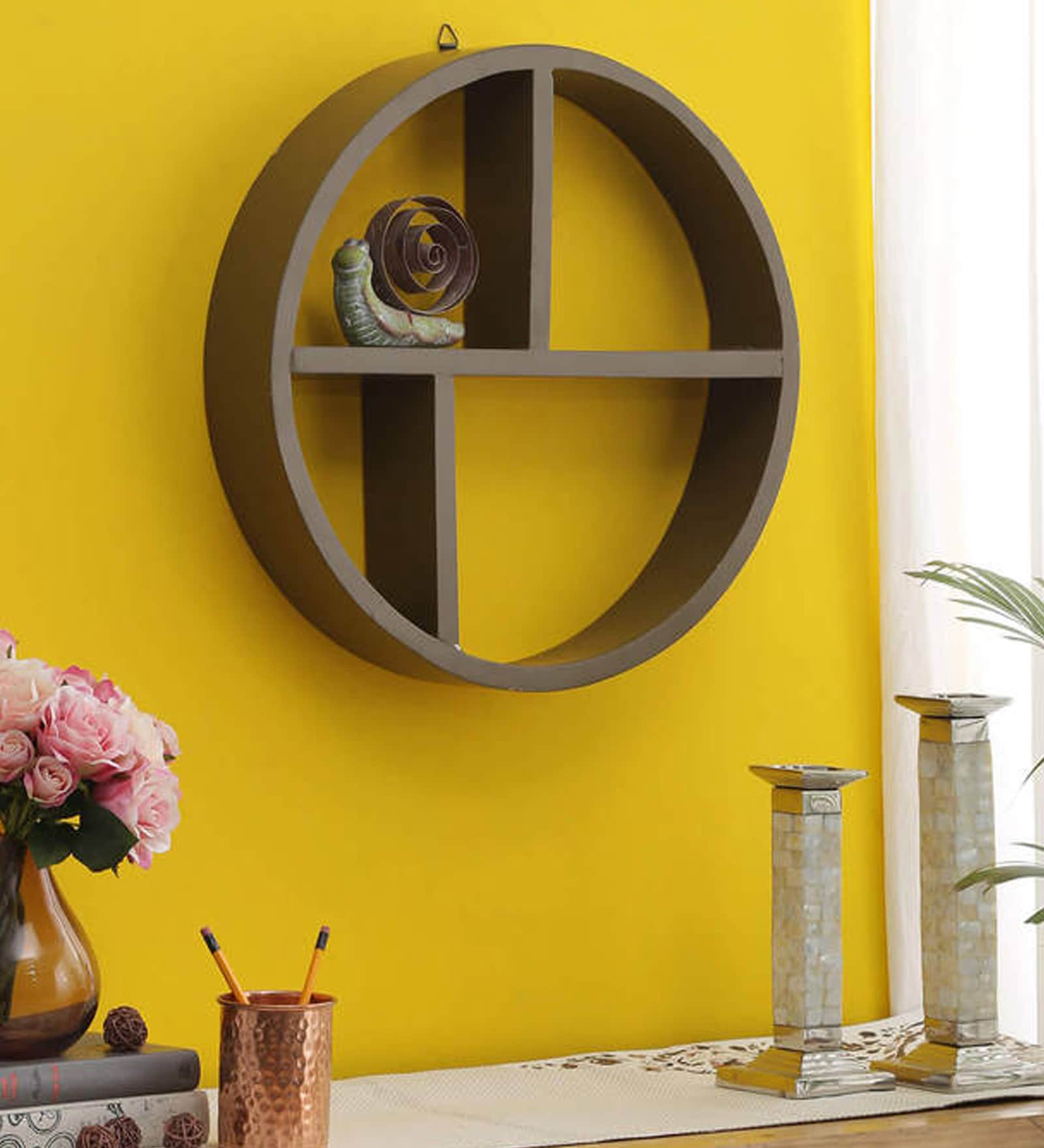 Buy Engineered Wood Round Wall Shelf in Walnut Colour by Dream Arts