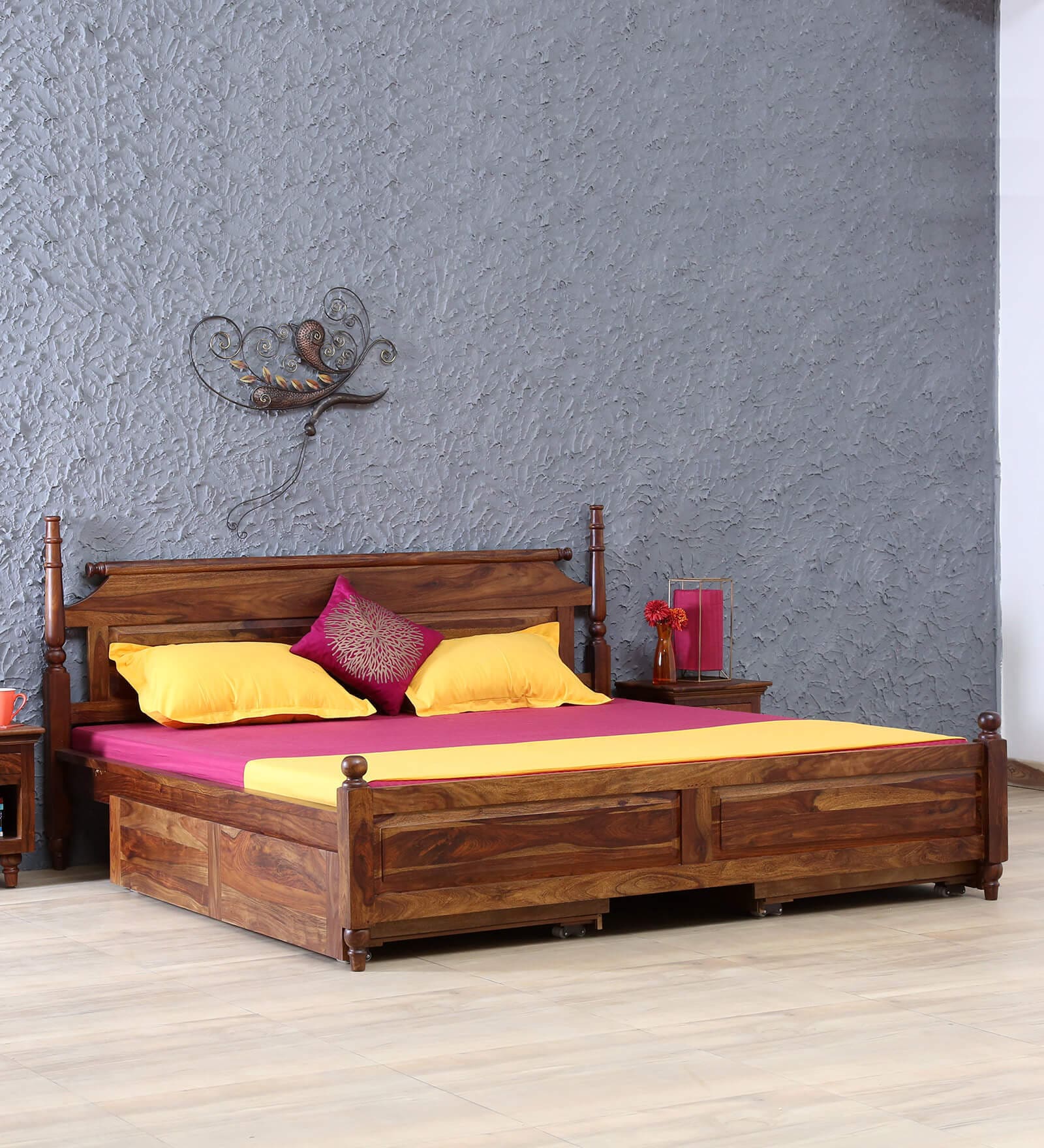 Buy Harleston Solid Wood King Size Bed With Drawer Storage In