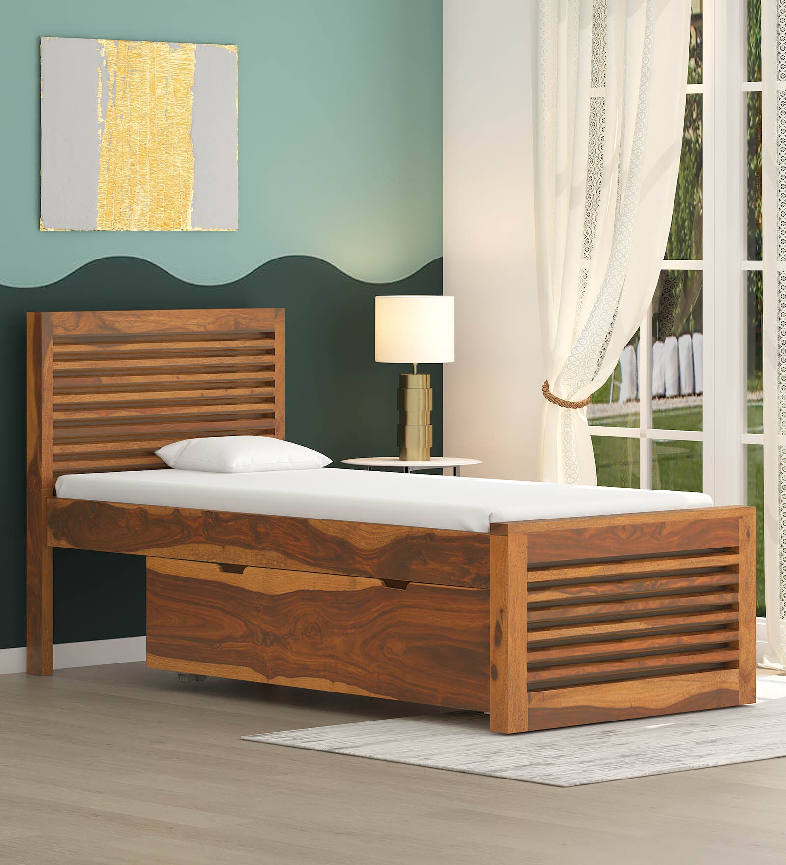 Buy Hart Solid Wood Single Bed With Drawer Storage In Rustic Teak ...