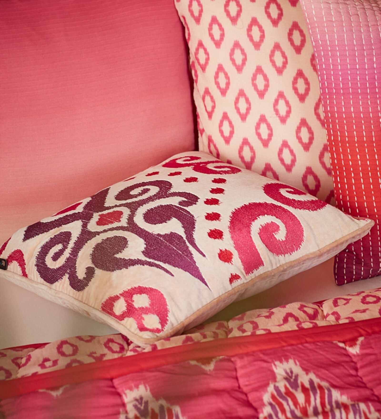Buy Ikkat Pink Cotton Velvet Cushion Cover with Filler by Ritu Kumar
