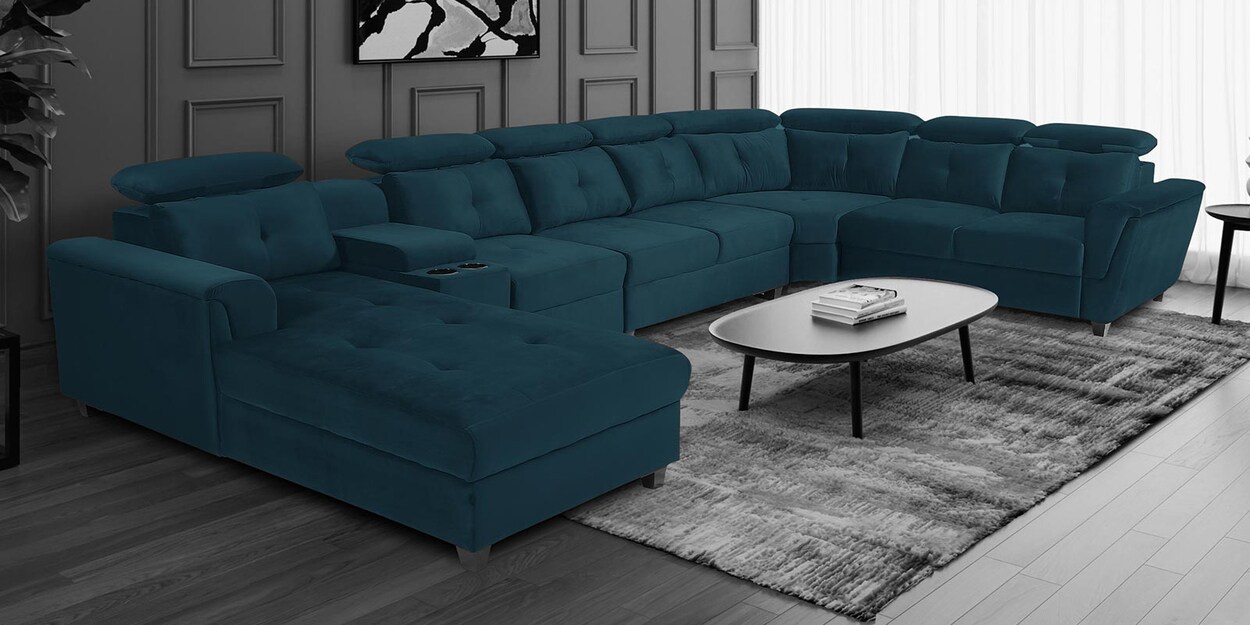 Buy Impero U Shape Velvet Sofa in Teal Blue Colour in C Shape Online