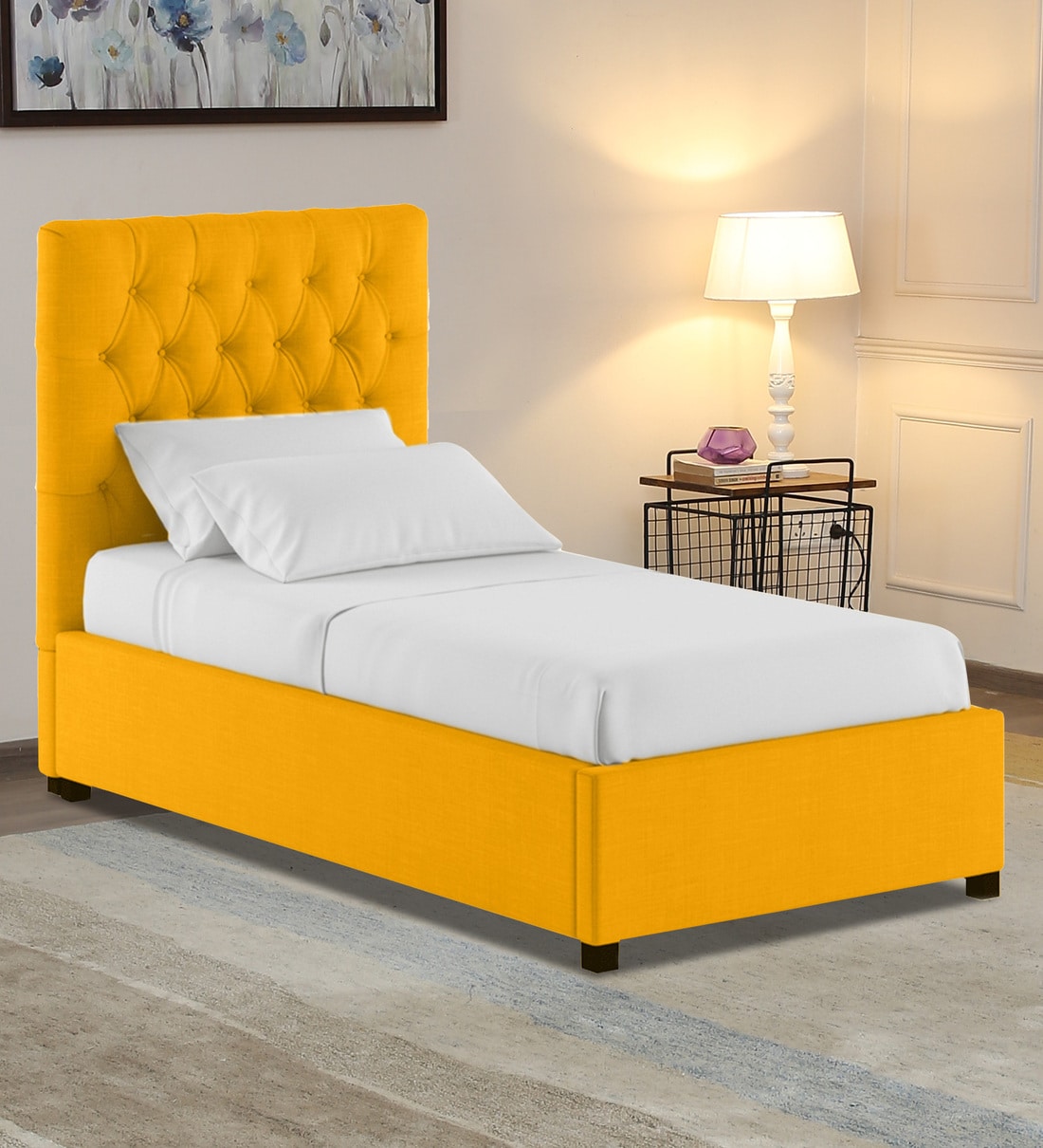 Buy Isko Fabric Upholstered Single Bed in Bold Yellow Colour with Box Storage at 69 OFF by