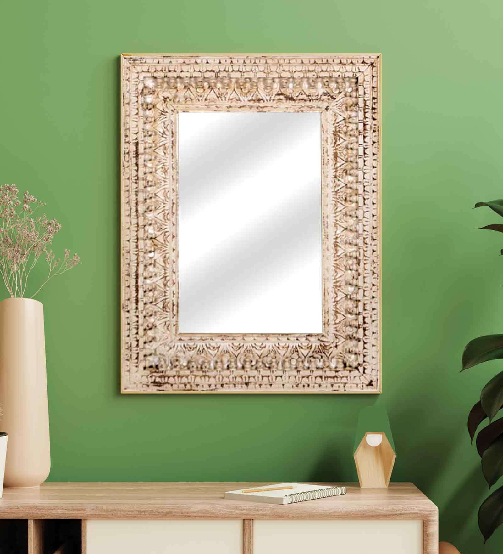 Buy Ivy Mango Wood Frame Wall Mirror In White Distressed Online