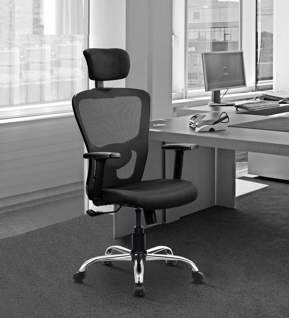 Buy Jacz High Back Ergonomic Chair with Headrest in Black Colour by