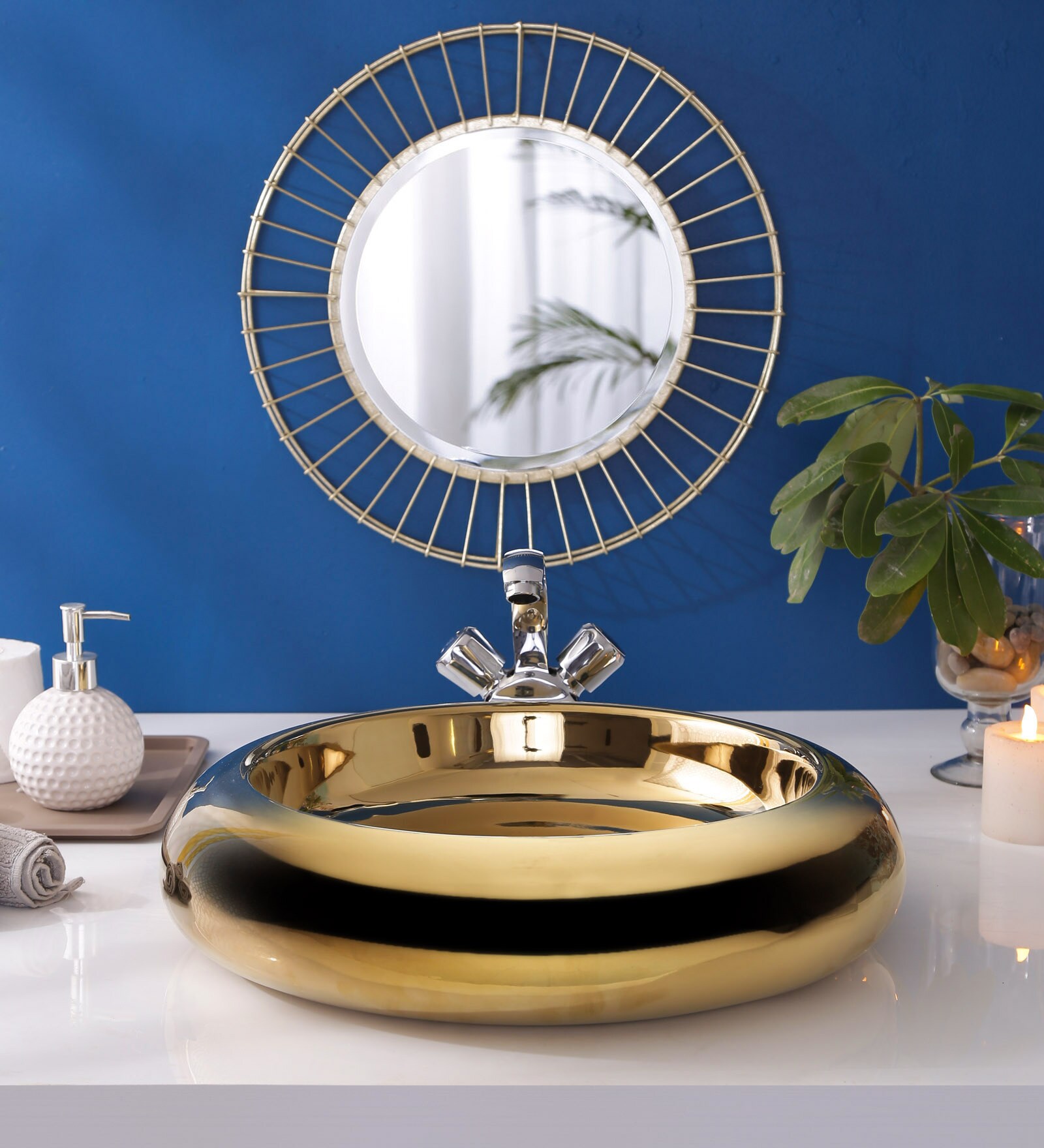 Buy Round Shape Golden Counter Top Wash Basin (H 4.4, W 18.4, D 18.4