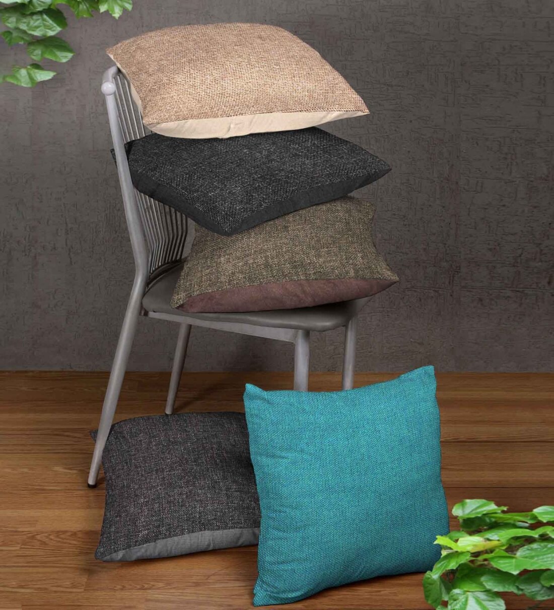 Buy Multicolor Solid Jute 16 x 16 Inches Cushion Covers (Set of 5) by Romee Online Solid