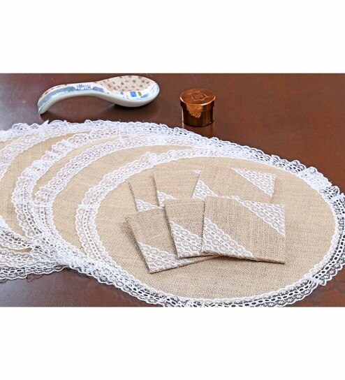 Buy Jute Beige White Circular Table Mat Coasters Set Of 12