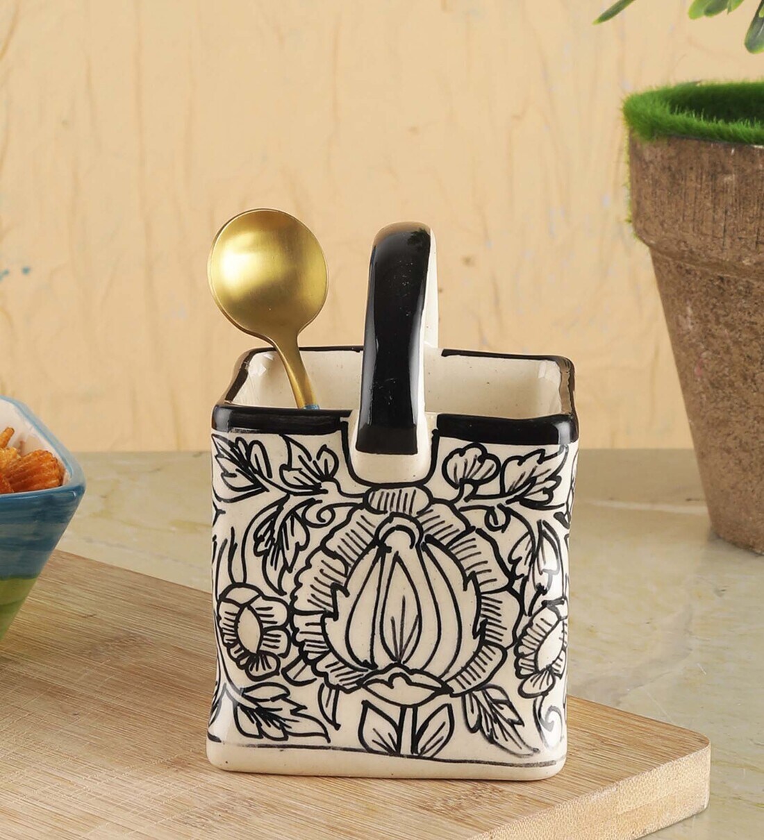 Buy Kalamkari Black & White Ceramic Cutlery Basket Holder by VarEesha