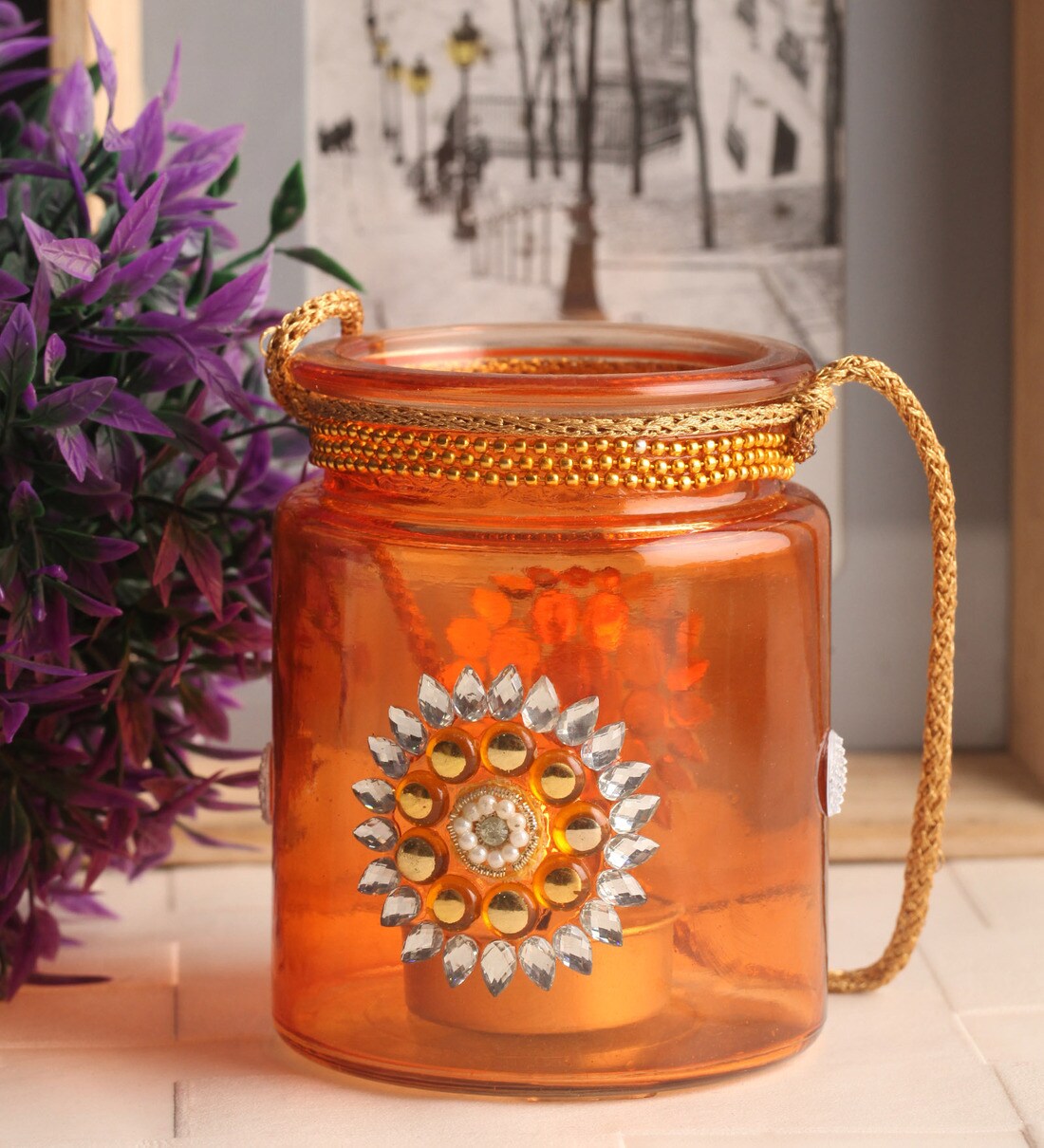Buy Orange Glass Tea Light Holder by Gupta Glass Gallery Online Tea