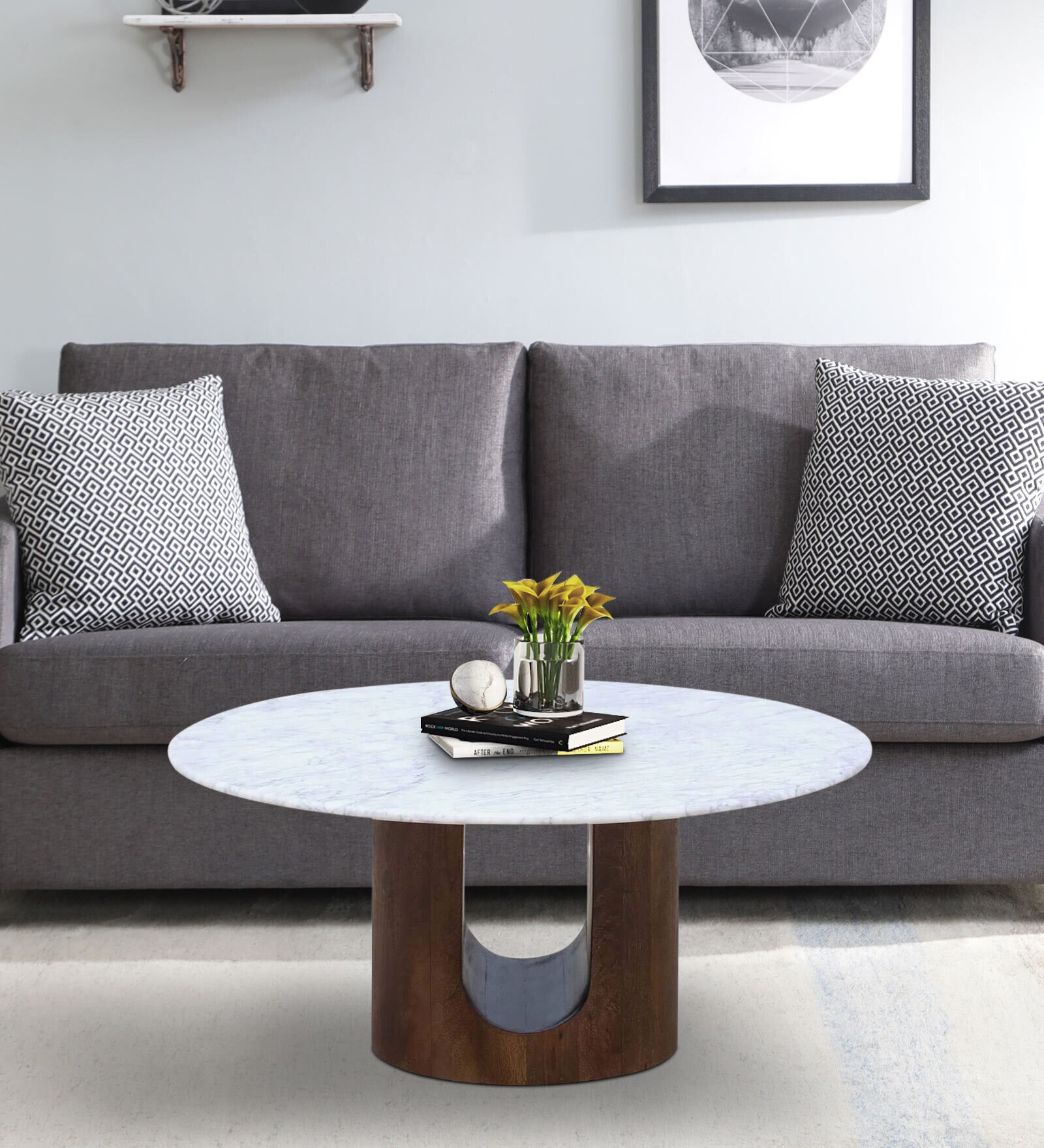 Buy Cierra Solid Wood Round Coffee Table In Walnut Finish With Marble