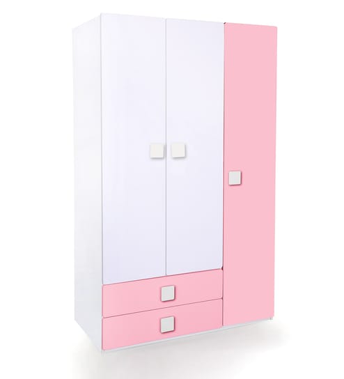 Buy Kids Three Door Wardrobe With Drawers In Pink White Colour